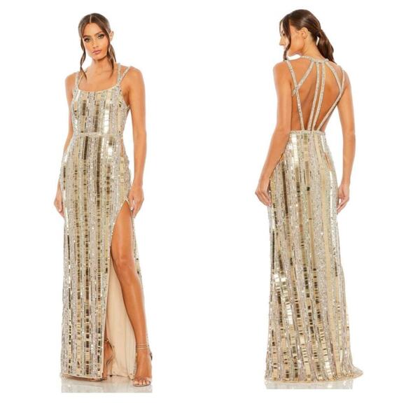 Mac Duggal Bead-Embellished Detail Halter Neck Gown Gold/ Silver Size 10 NWT - Picture 2 of 14